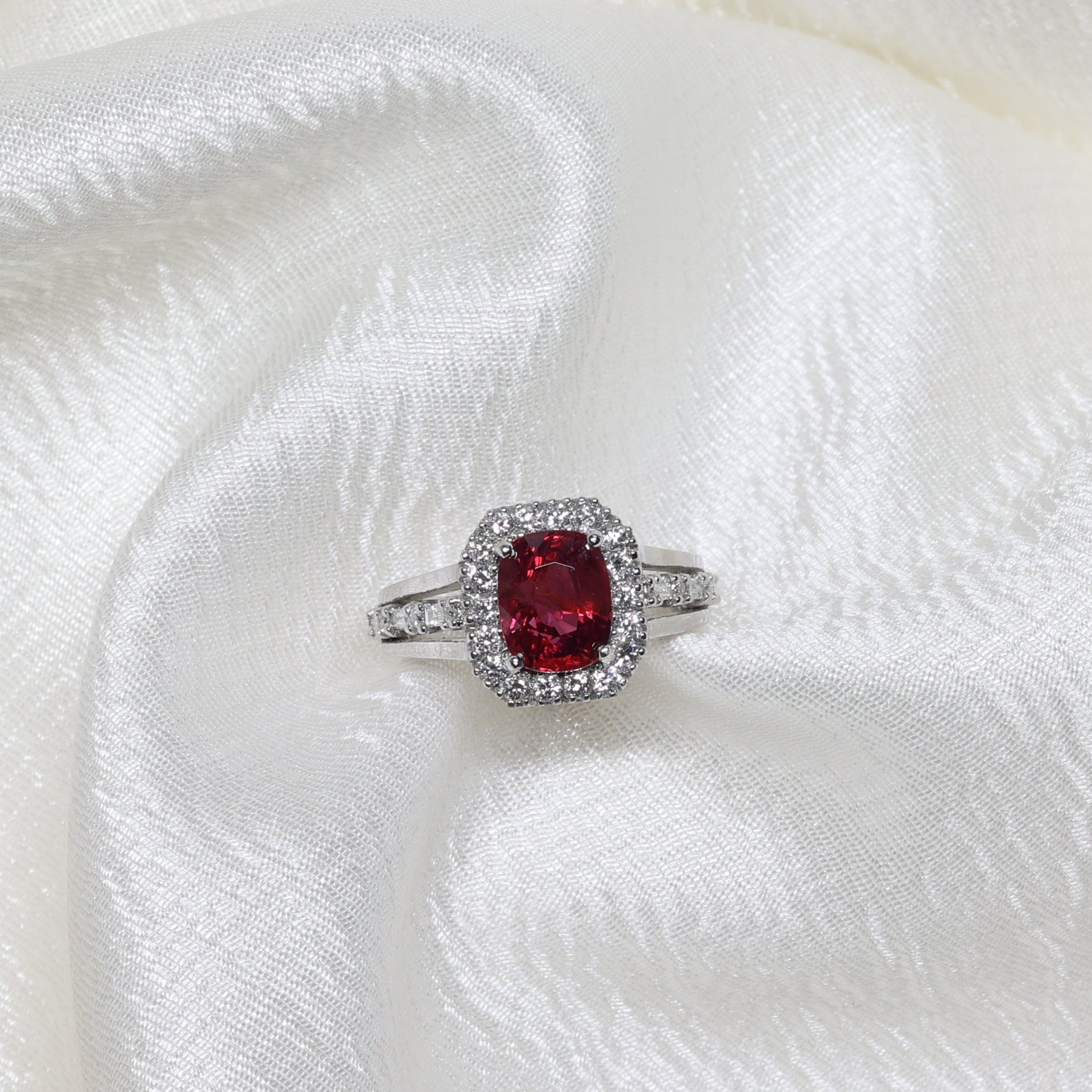 Vivid Red Spinel Cluster Ring in White Gold