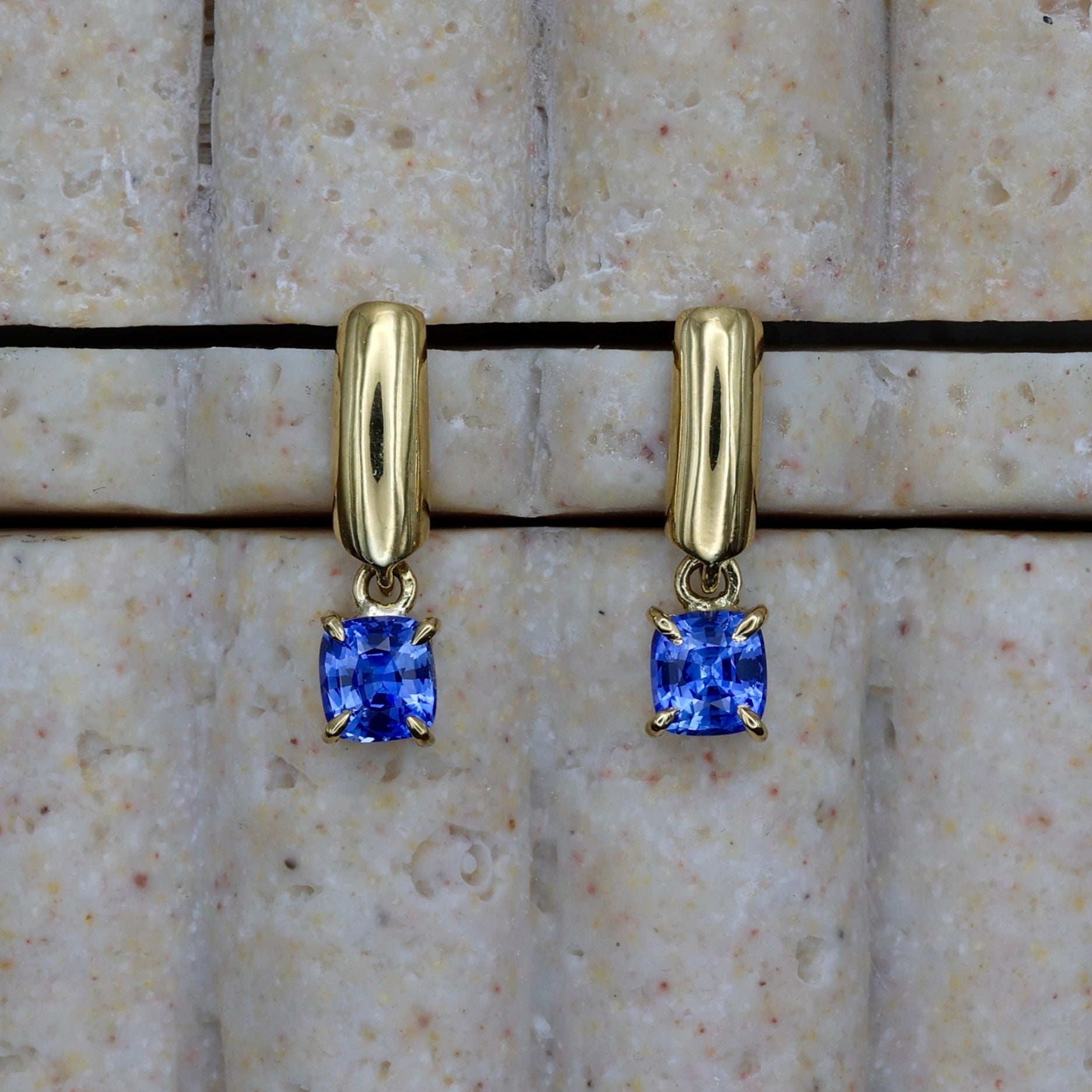 Handcrafted Gold Drop Earrings with Cushion-Cut Ceylon Sapphires