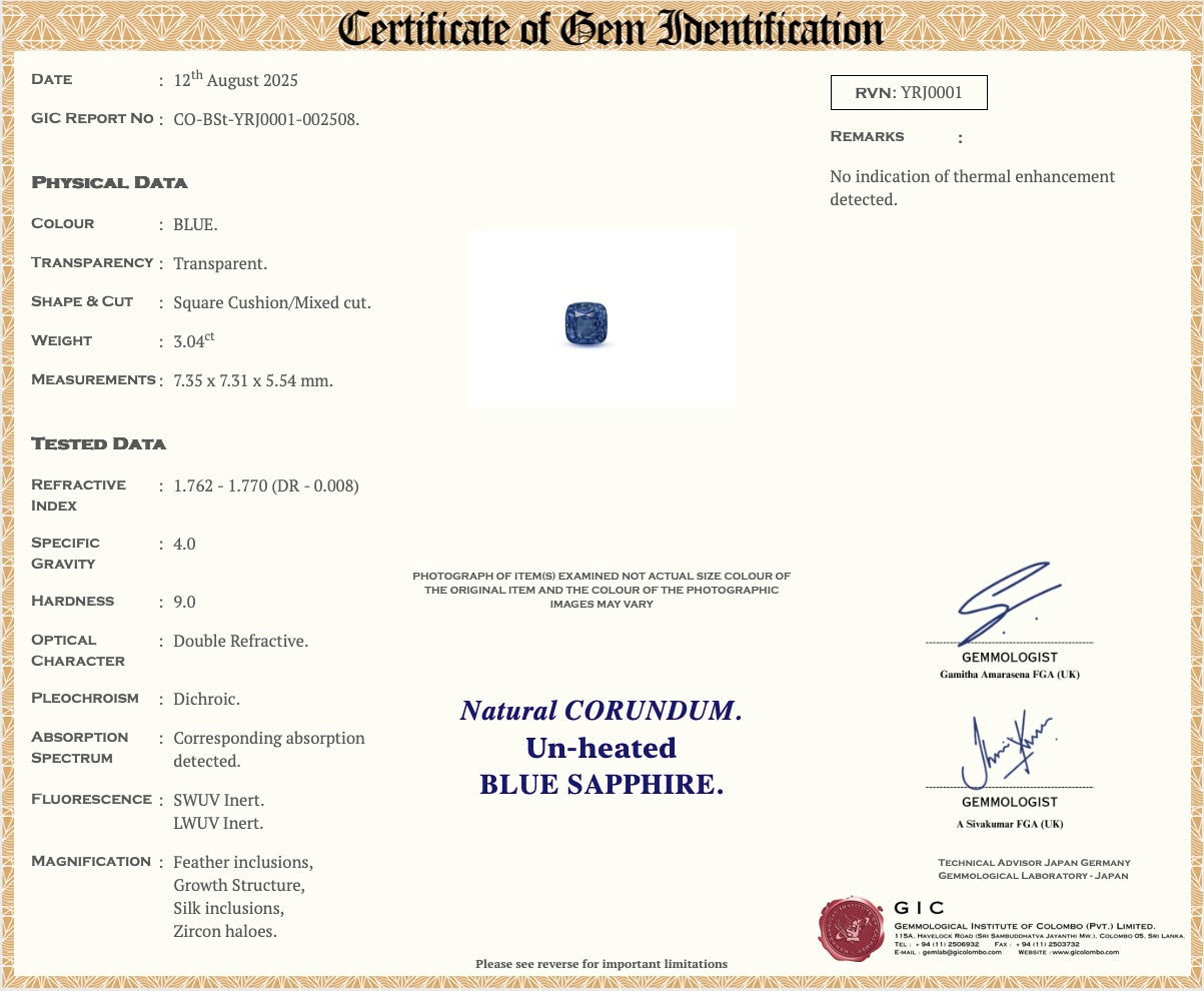 3.04 Ct Cornflower Blue Sapphire Cushion Natural Unheated Certified