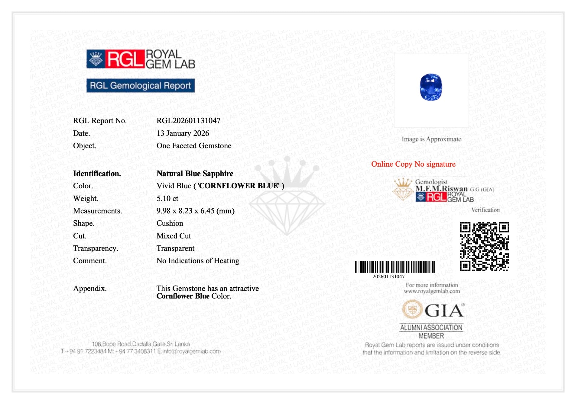 5.10Ct Unheated Ceylon Blue Sapphire (Certified)