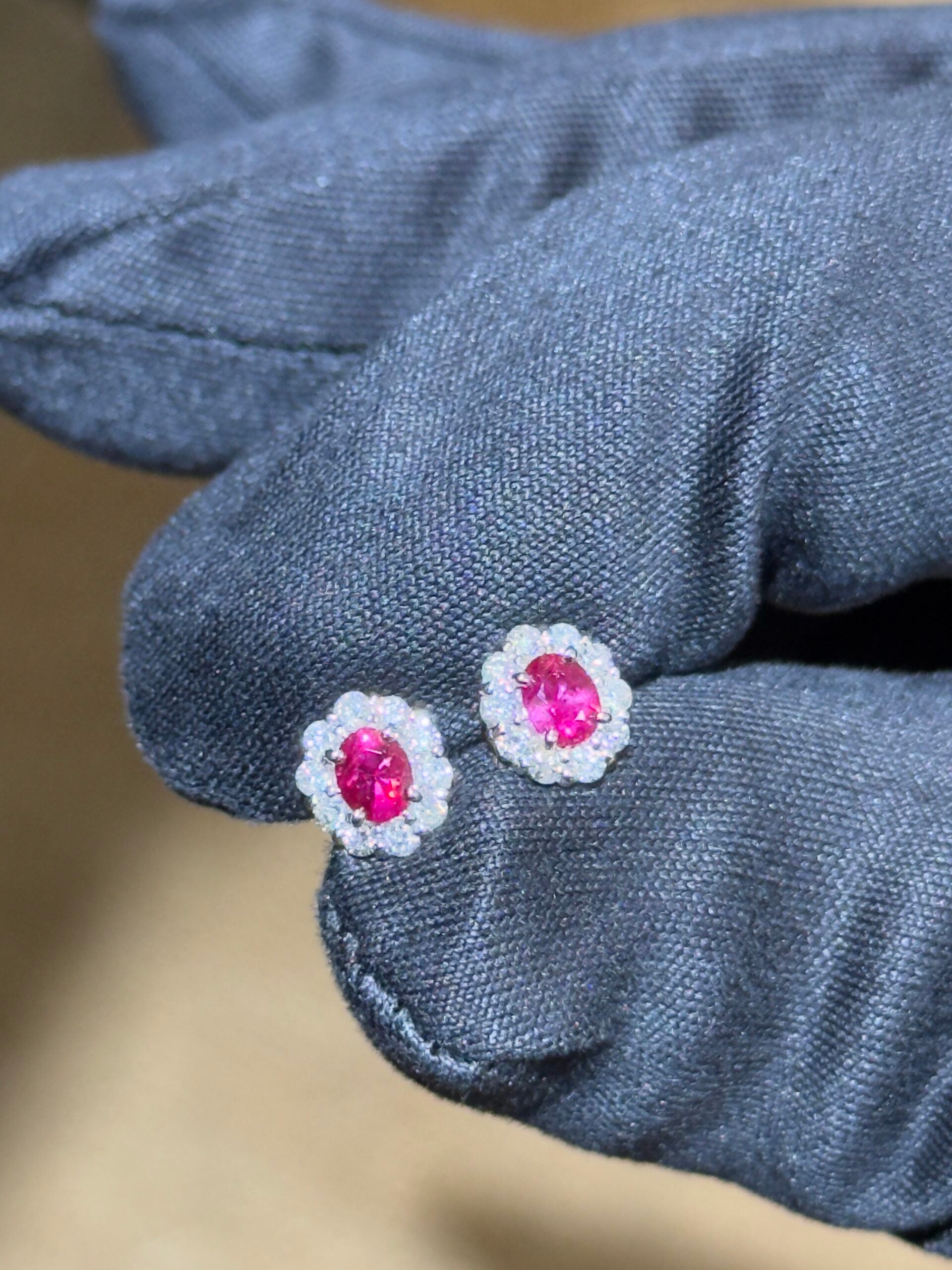 Ruby & Diamond Cluster Earrings in Platinum