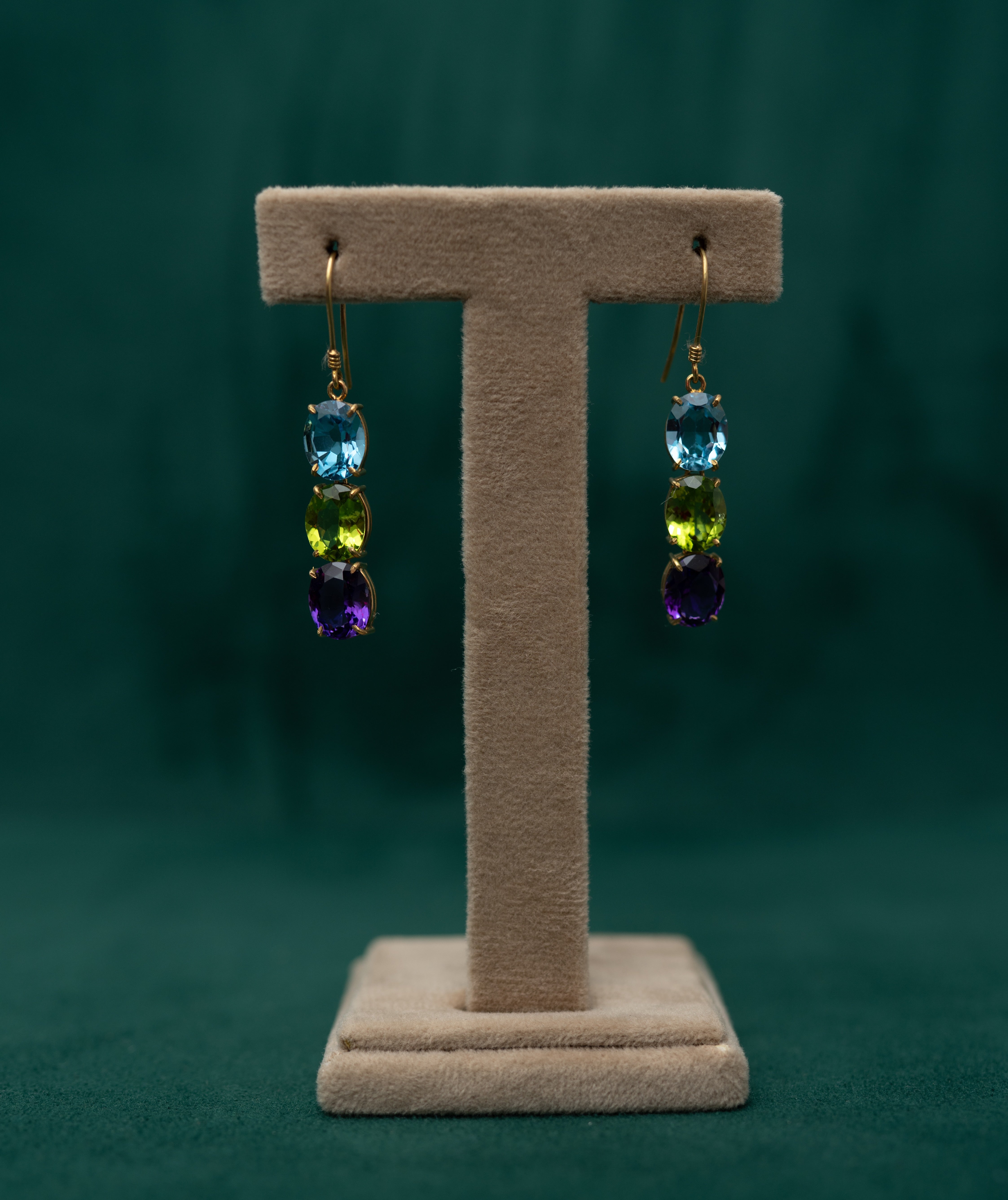 Gold Drop Earrings with Amethyst, Blue Topaz & Peridot