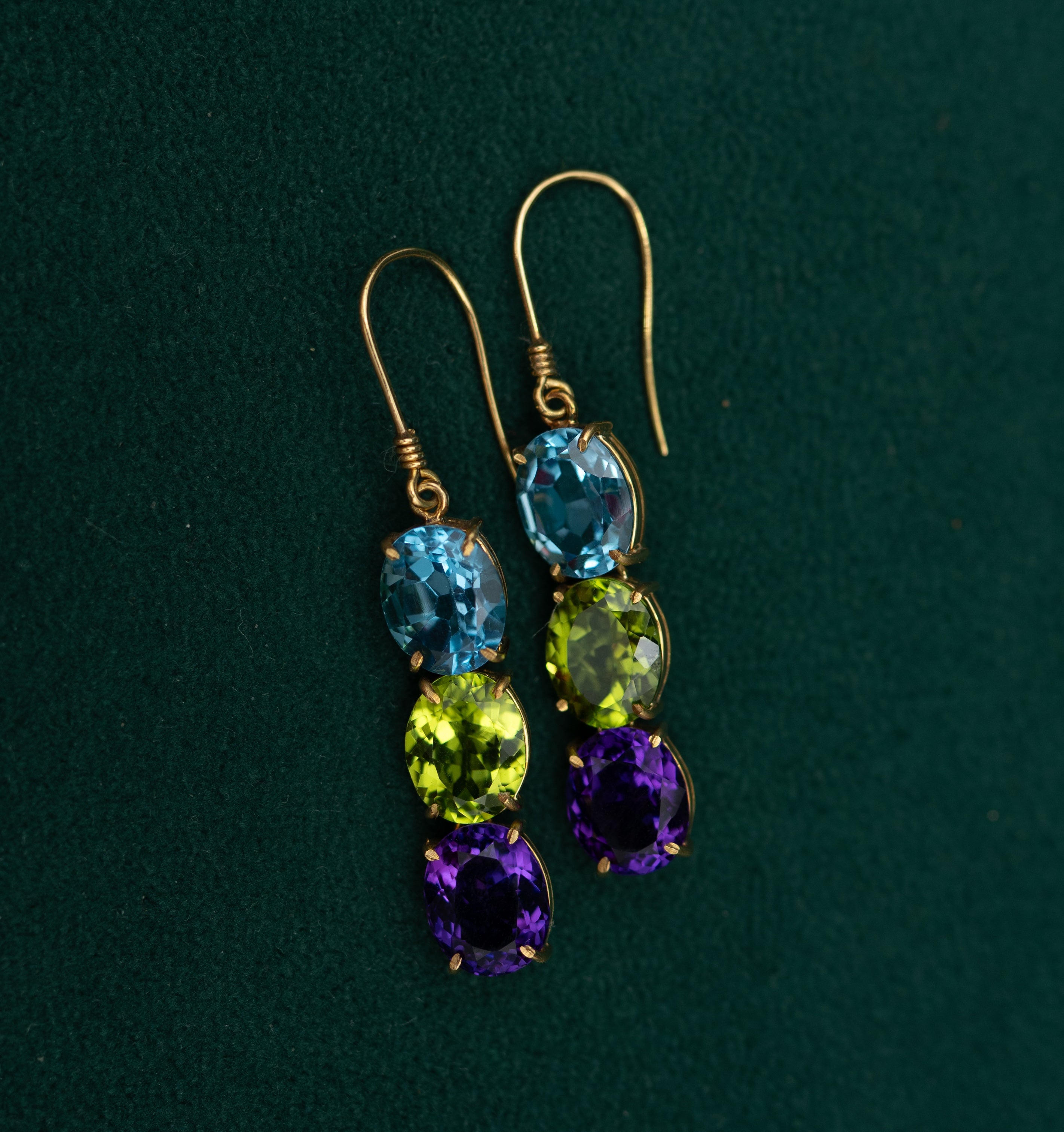 Gold Drop Earrings with Amethyst, Blue Topaz & Peridot