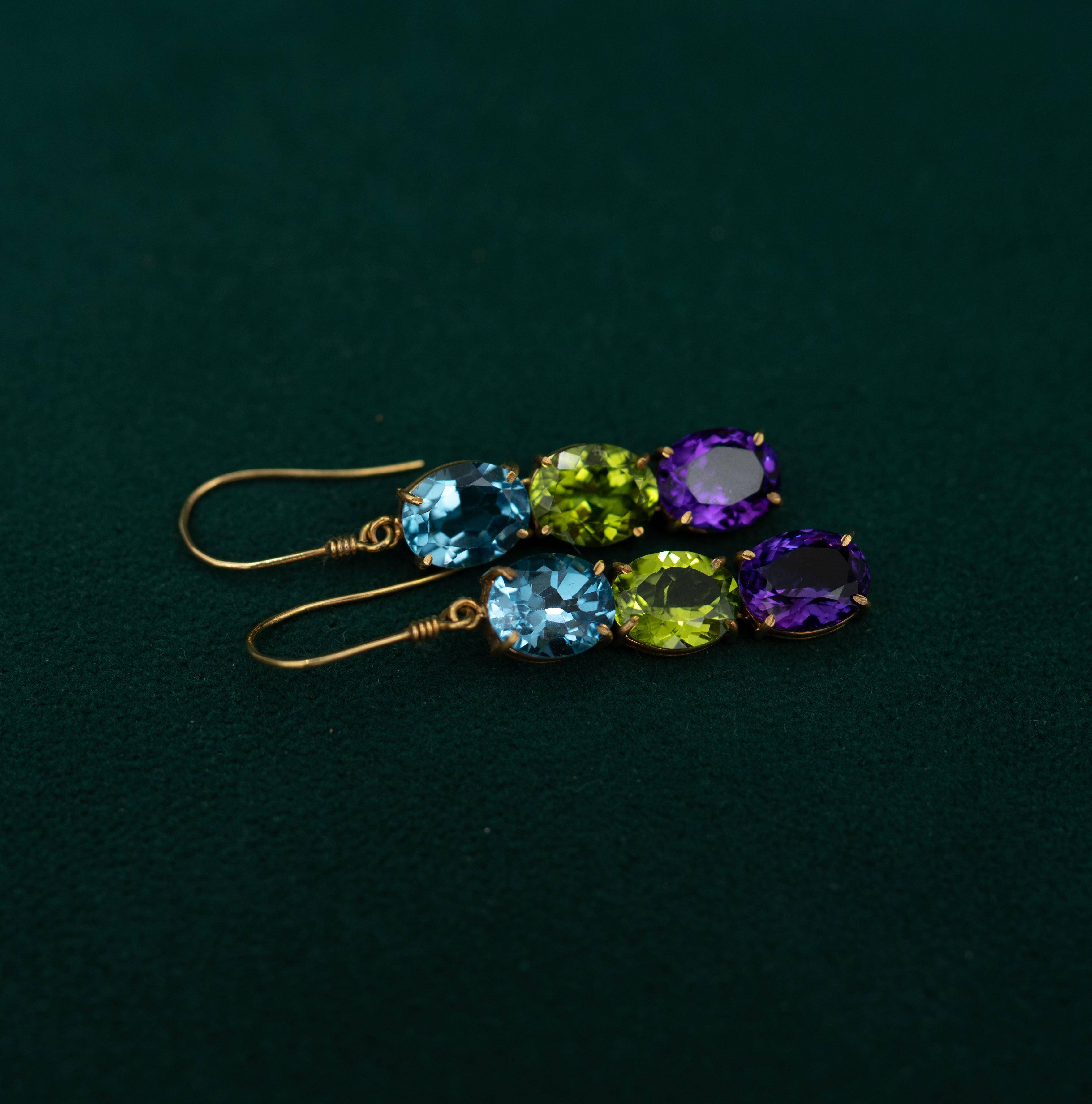 Gold Drop Earrings with Amethyst, Blue Topaz & Peridot