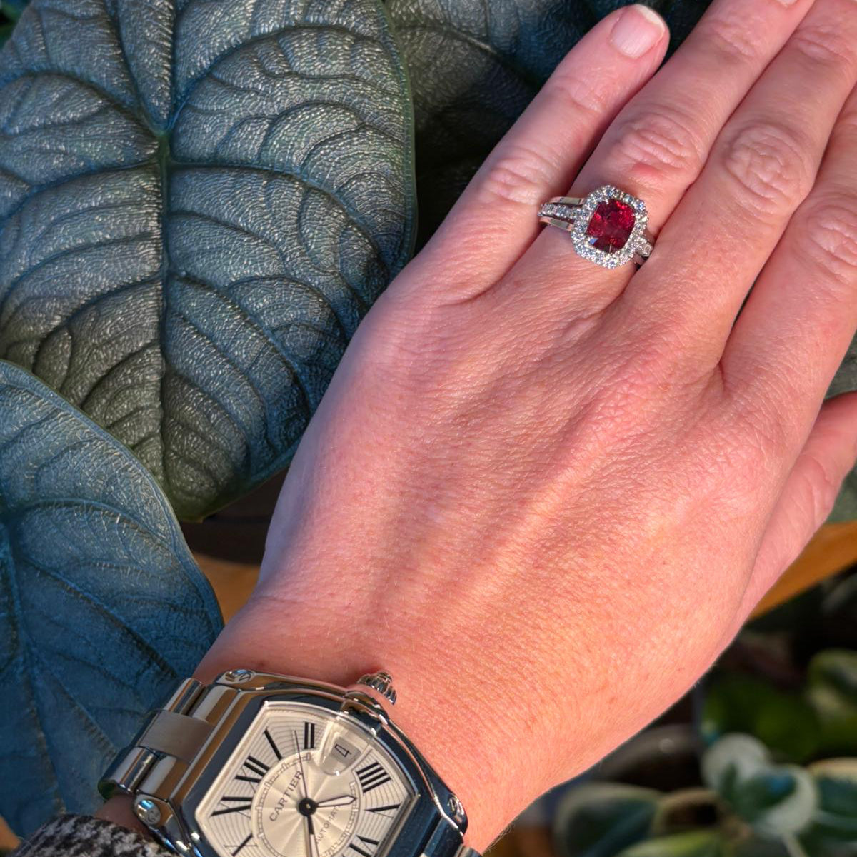 Vivid Red Spinel Cluster Ring in White Gold