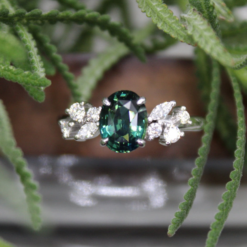 Unheated Green-Teal Sapphire Ring with Fancy-Cut Diamond Accents in White Gold