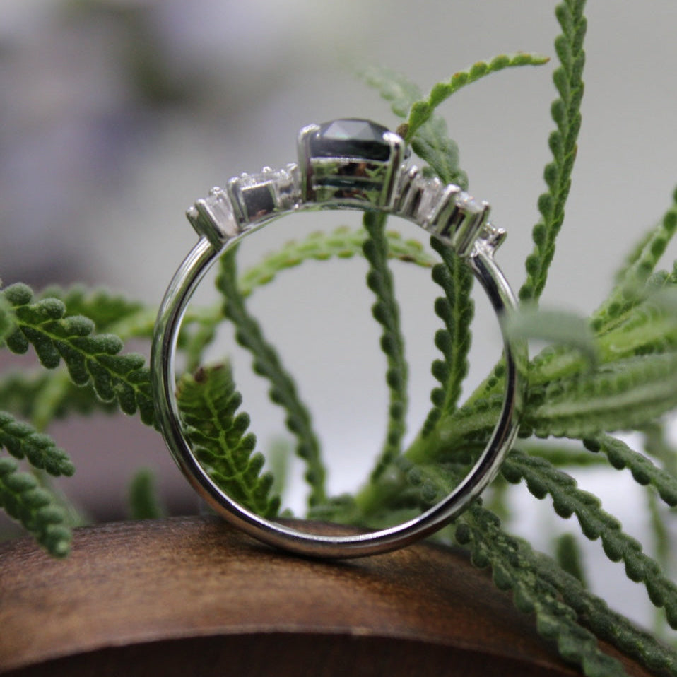 Unheated Green-Teal Sapphire Ring with Fancy-Cut Diamond Accents in White Gold