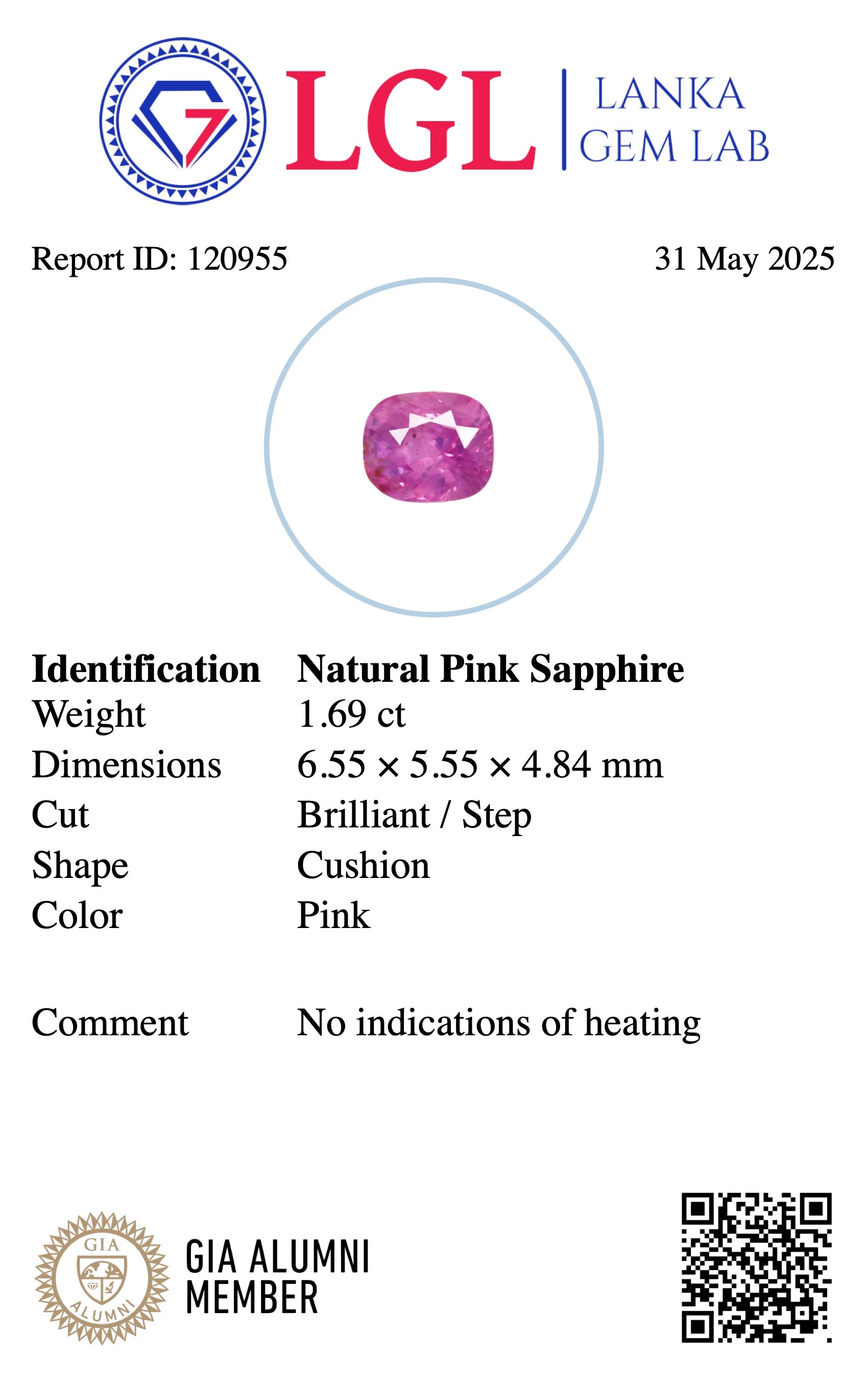 Natural Ceylon Hot Pink Sapphire – 1.69ct Cushion Cut (Unheated)