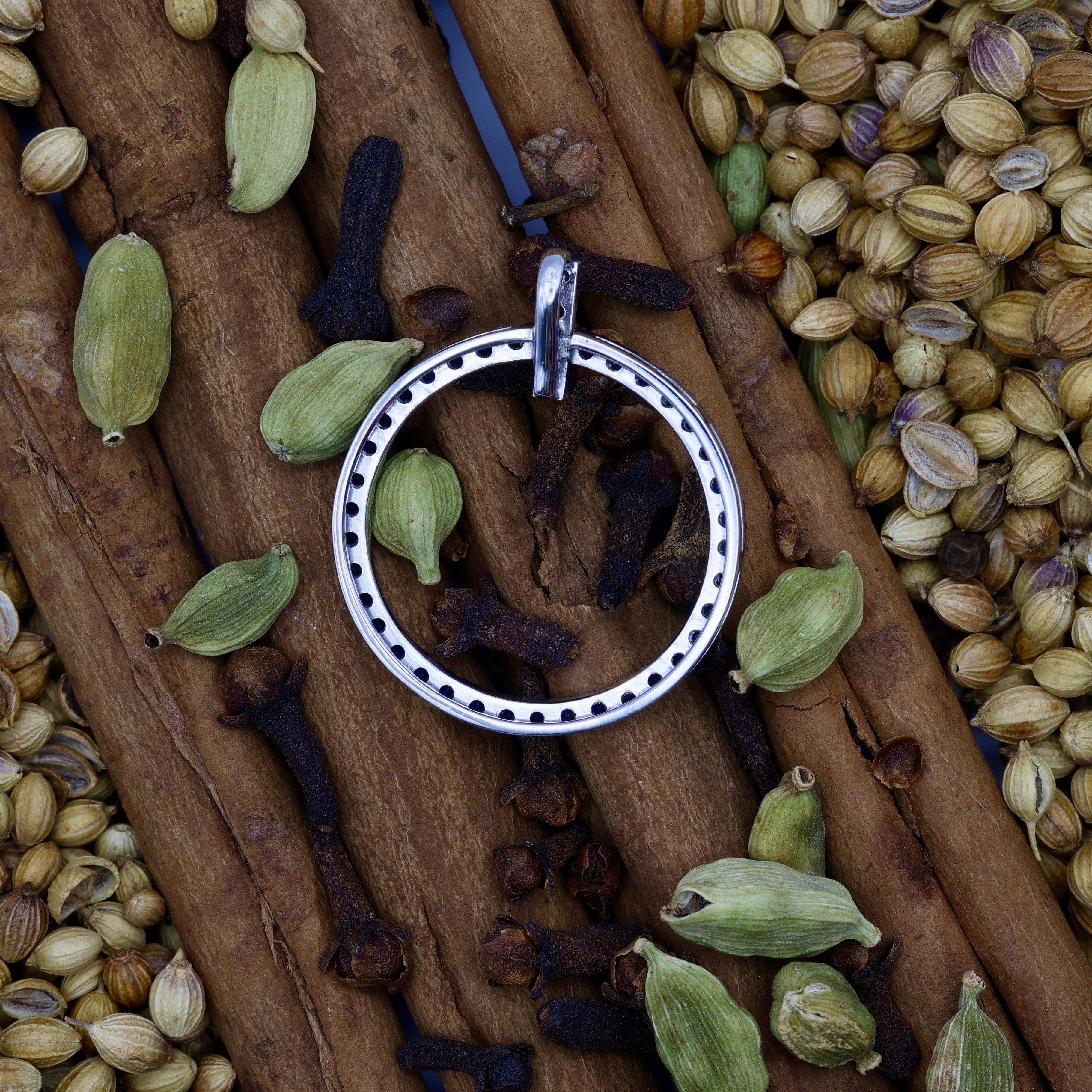 Delicate Blue Sapphire Circle Pendant in 18kt White Gold with Sapphire Set Bail