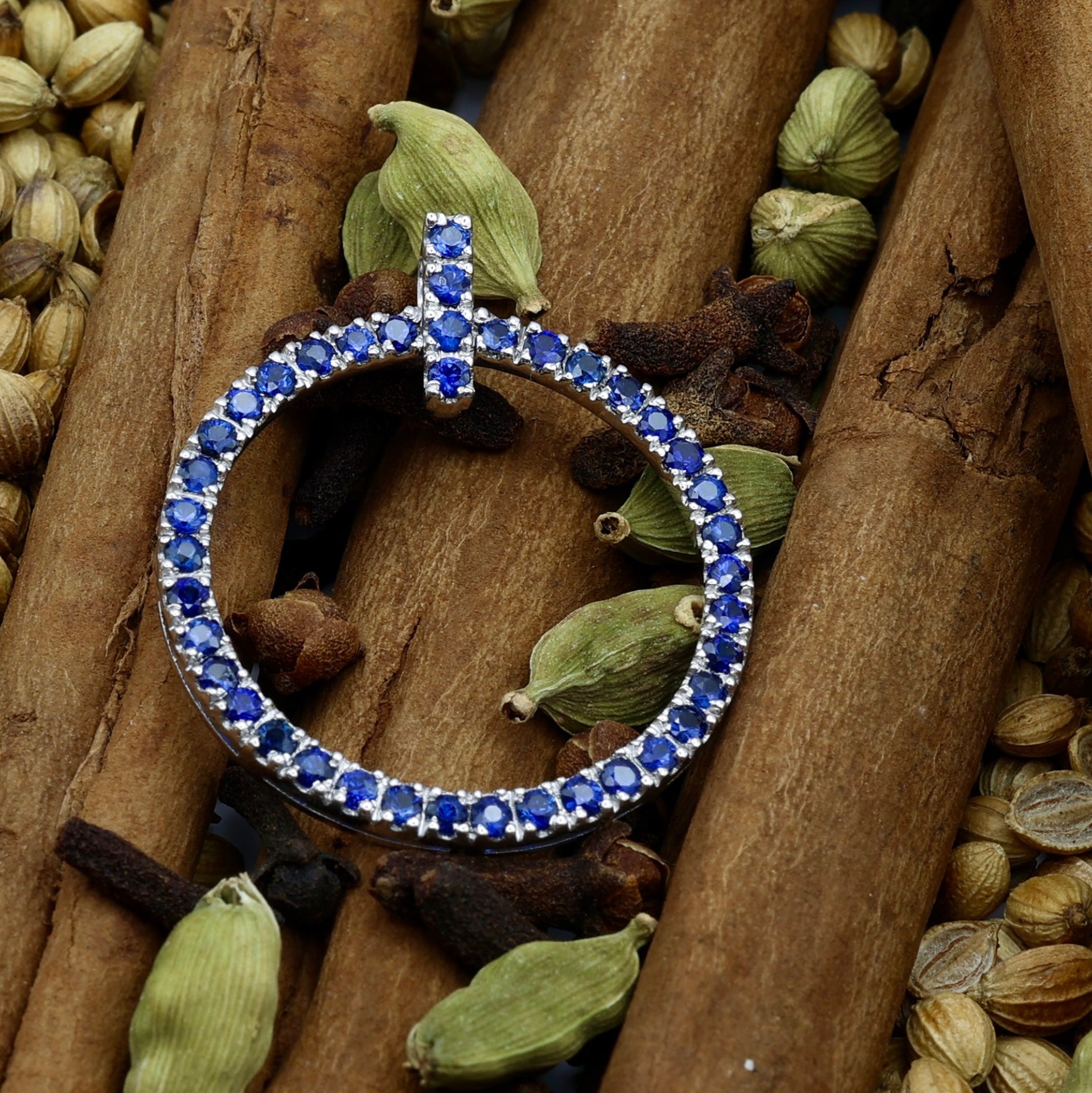 Delicate Blue Sapphire Circle Pendant in 18kt White Gold with Sapphire Set Bail