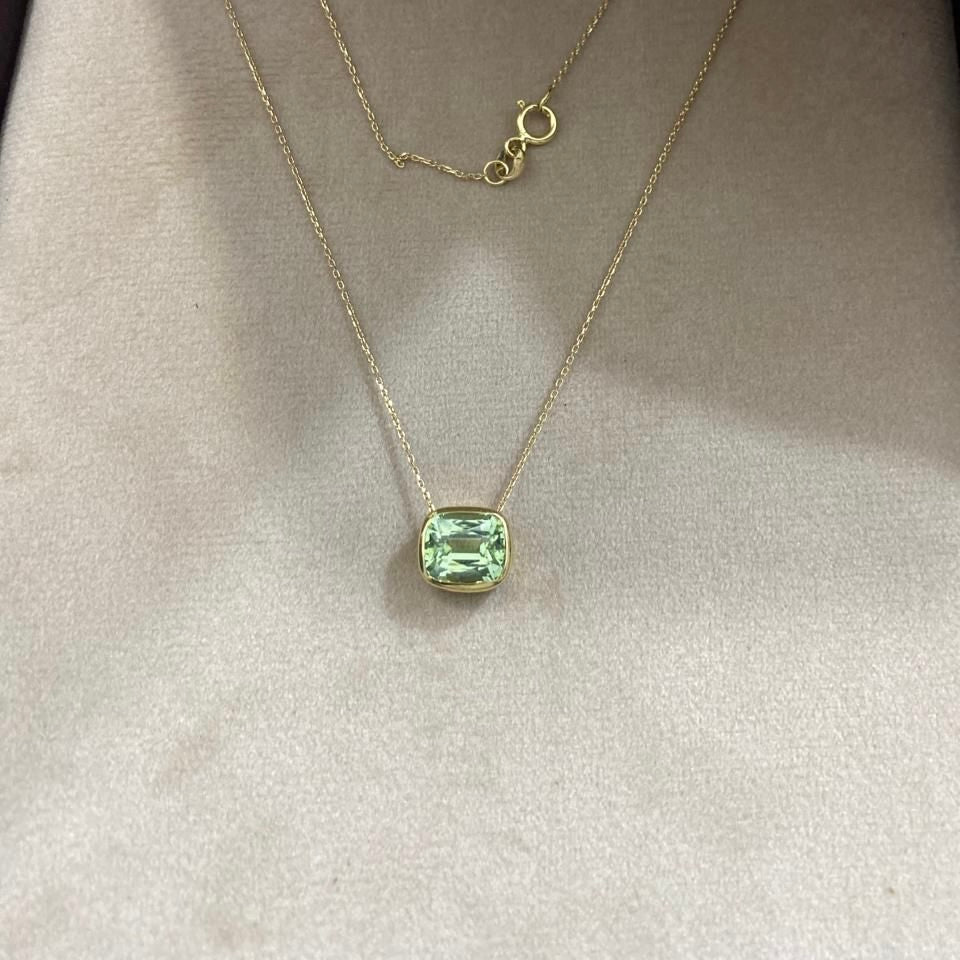 Natural Mint Tourmaline Pendant Necklace in Yellow Gold
