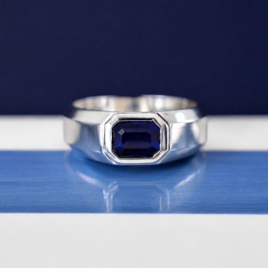 East-West Emerald-Cut Natural Royal Blue Sapphire Men's Signet Ring